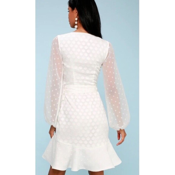 Keepsake See You Now White Polka Dot Wrap Dress Size S Long Sleeve Chiffon - Picture 2 of 11